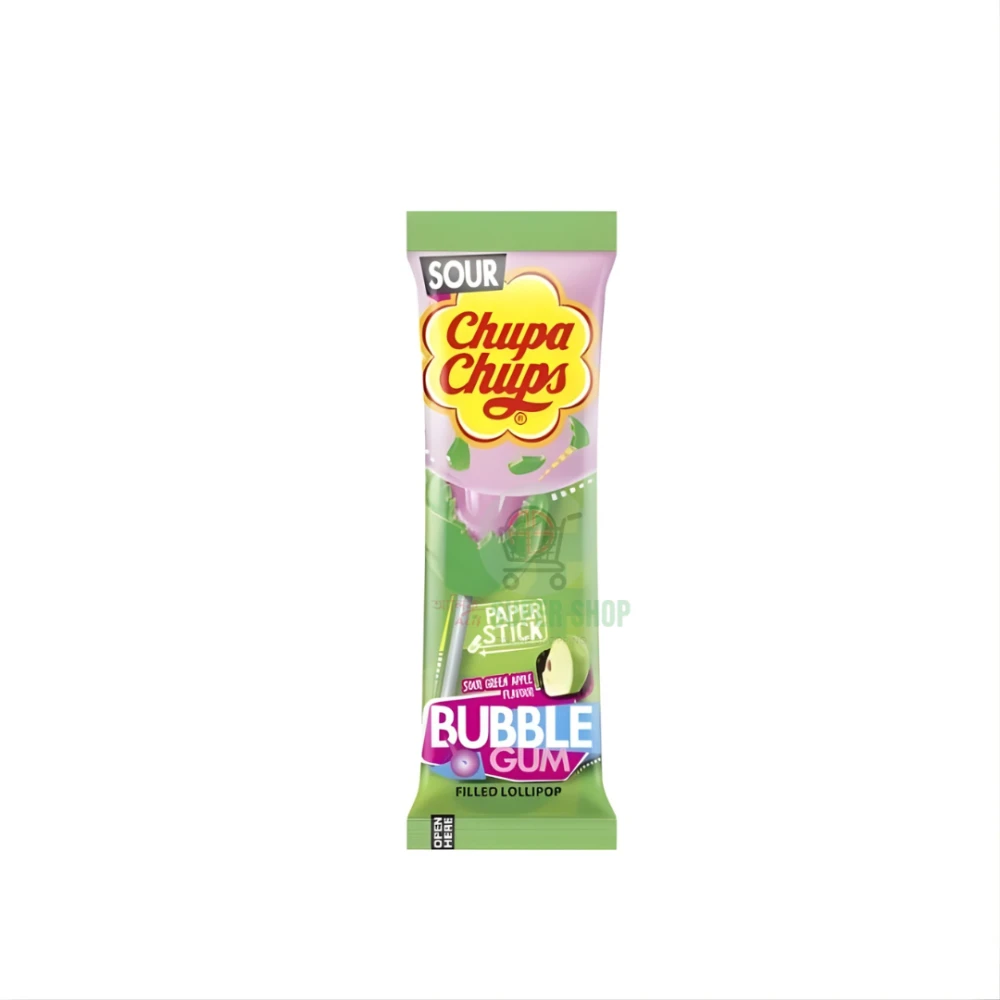 Chupa Chups Paper Stick Bubble Gum Sour Green Apple Flavour Filled Lollipop 11gm