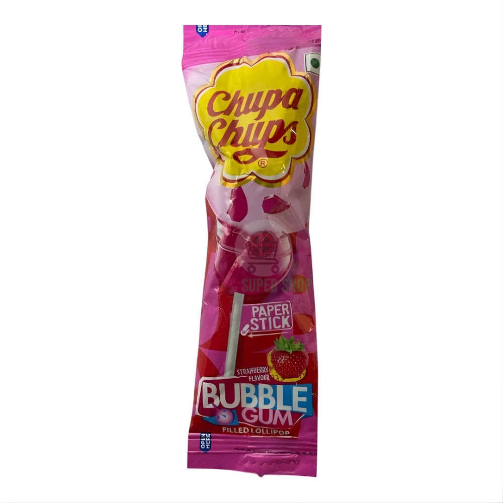 Chupa Chups Paper Stick Bubble Gum Strawberry Filled Lollipop 11gm